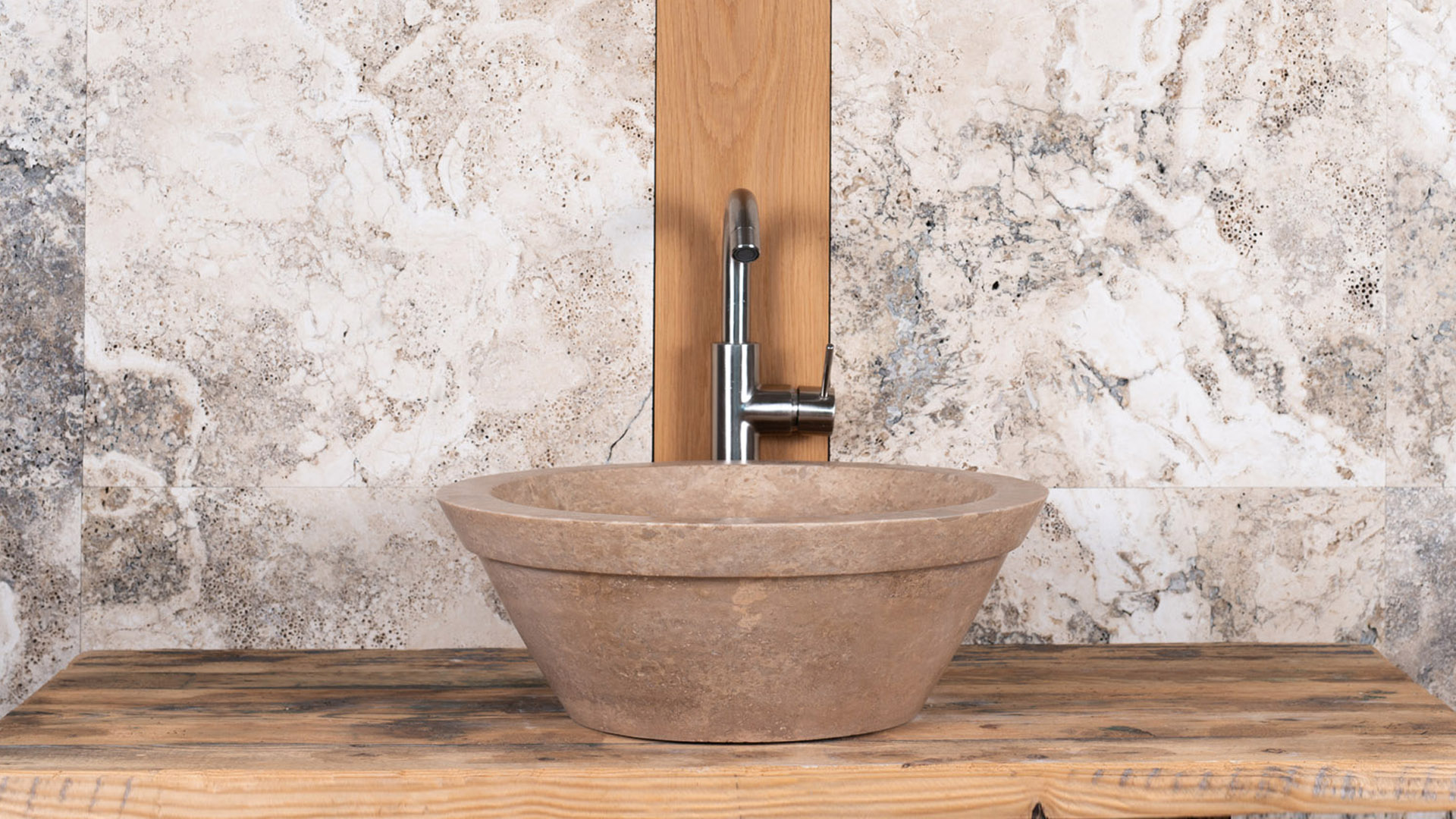 Round walnut travertine washbasin “Gaiole Scuro”